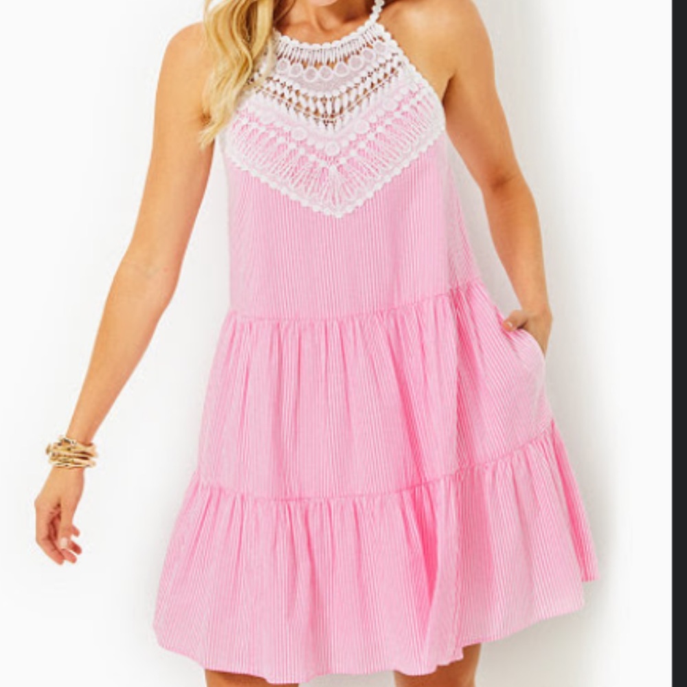 Lilly Pulitzer pink dress NWT SIZE 12 Britt Seersucker stripped halter LPBOX3-13